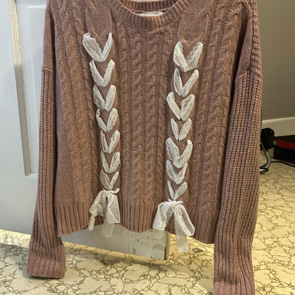 Francesca's Collections Pink Sweater with Lace Details